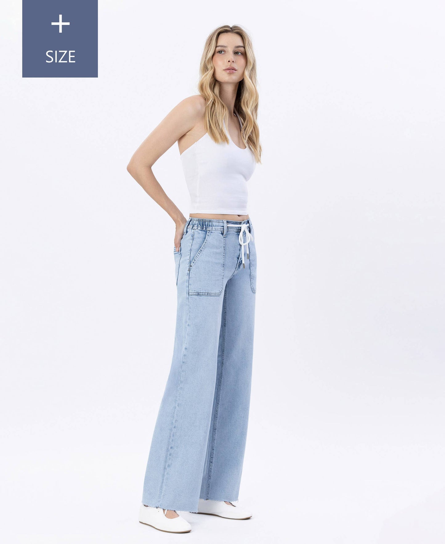 PLUS HIGH RISE DRAWSTRING WAISTBAND WIDE LEG JEANS LV1902-P