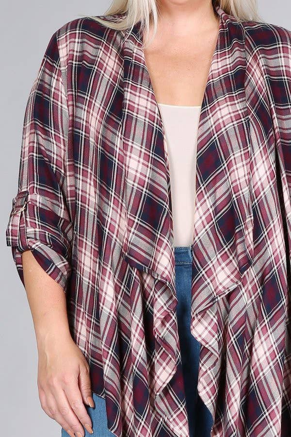 Plus Size Rayon Plaid Waterfall Cardigan