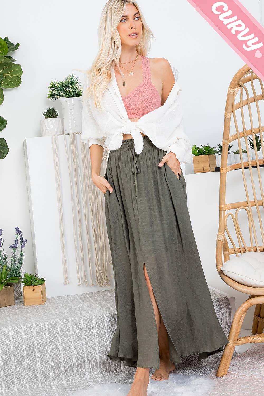 PLUS SIZE SMOCKED DRAWSTRING MAXI SKIRT