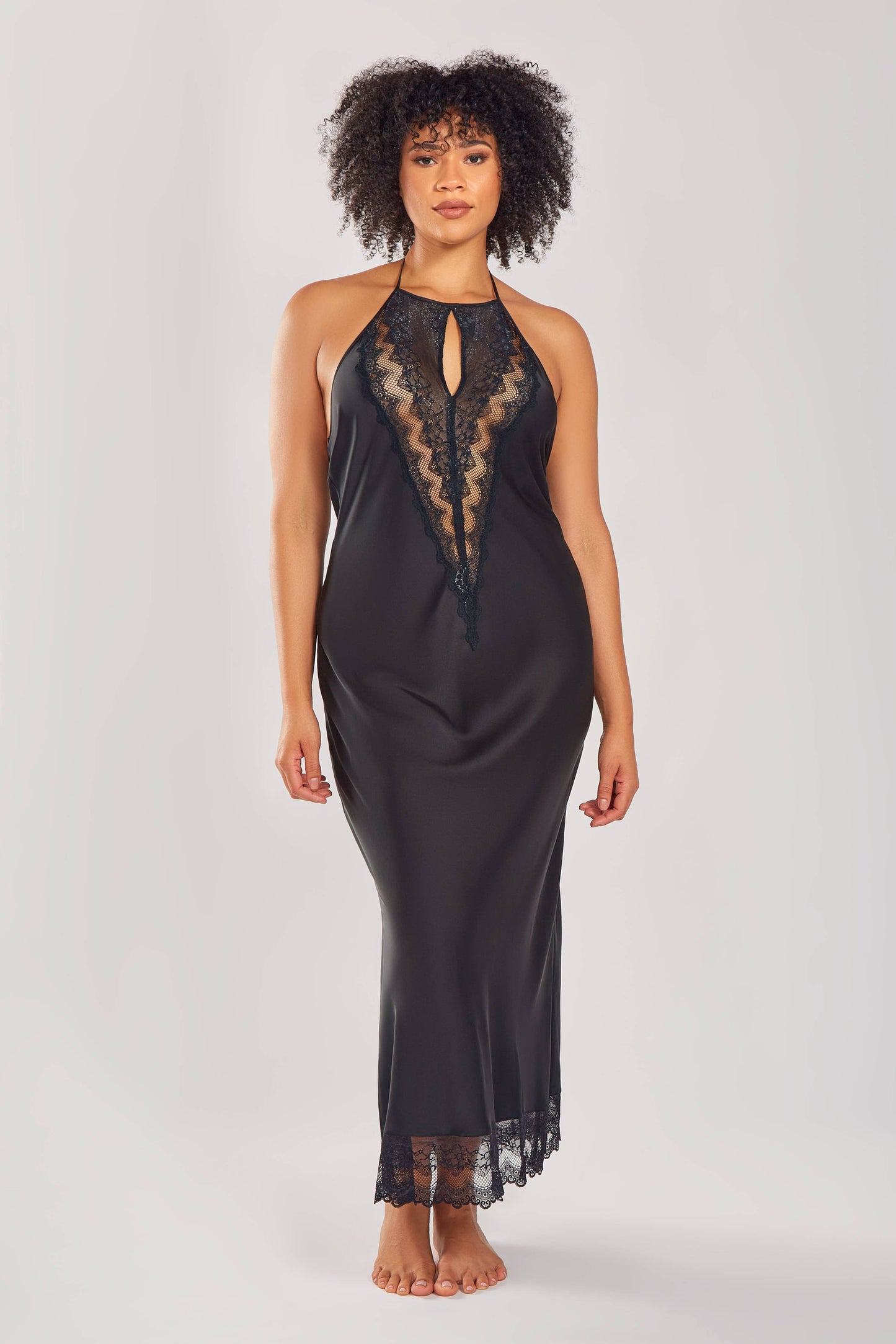 Tess Plus Size Long Stretch Satin Gown with Lace
