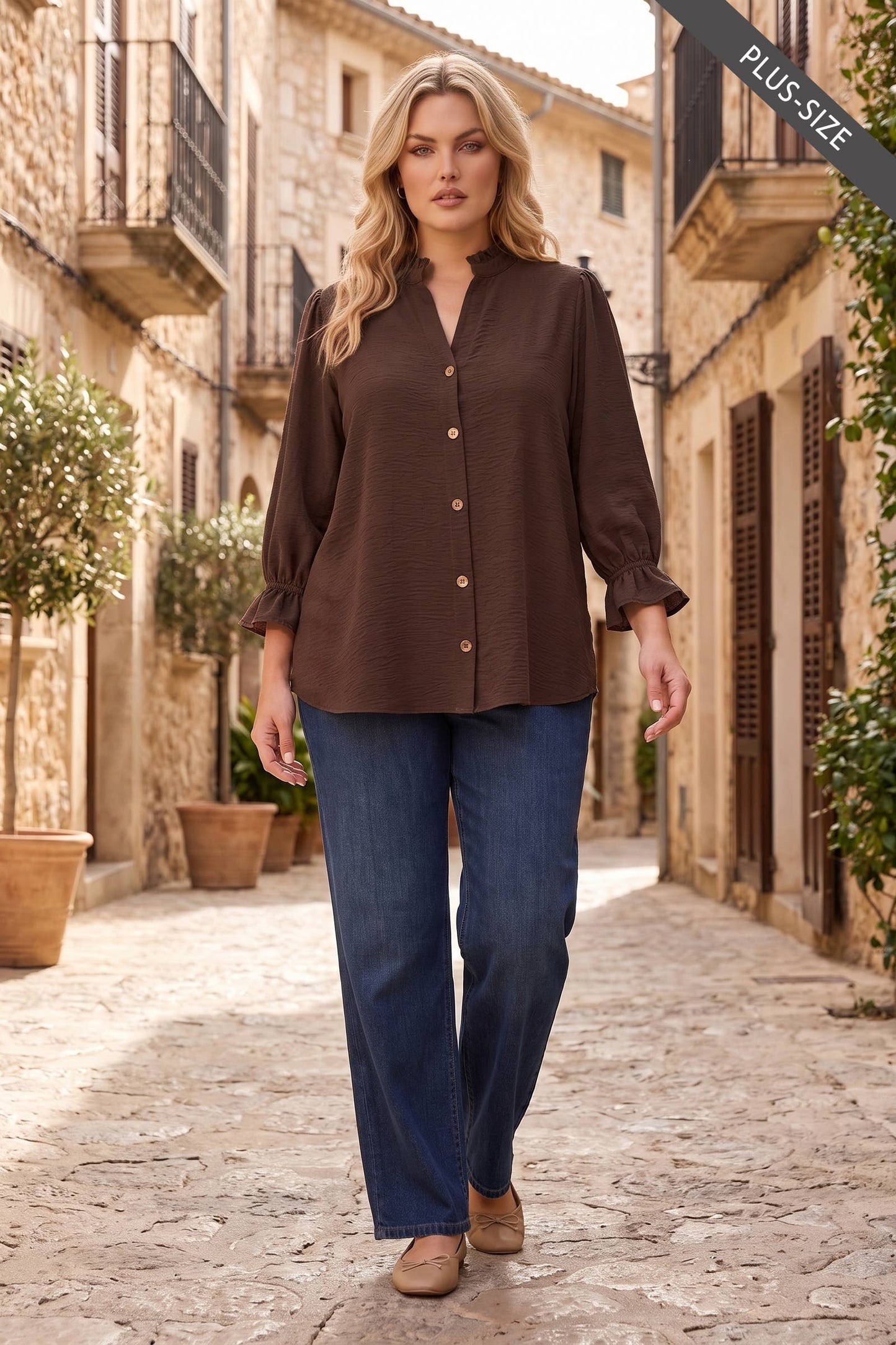 PLUS SIZE Ruffle 3/4 Sleeve Button Down Front Blouse