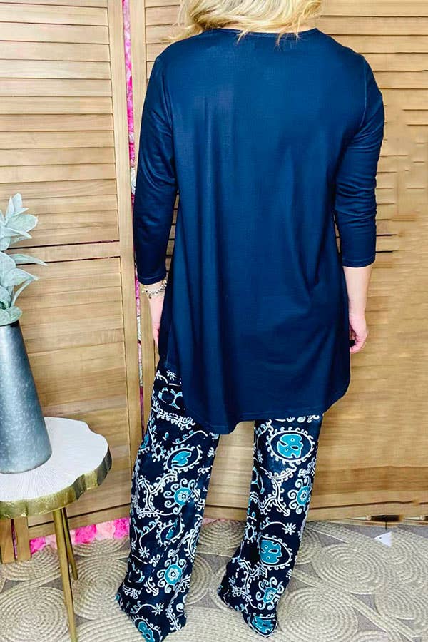 Blue 3/4 sleeve top & paisley pant women sets  GJQ15672
