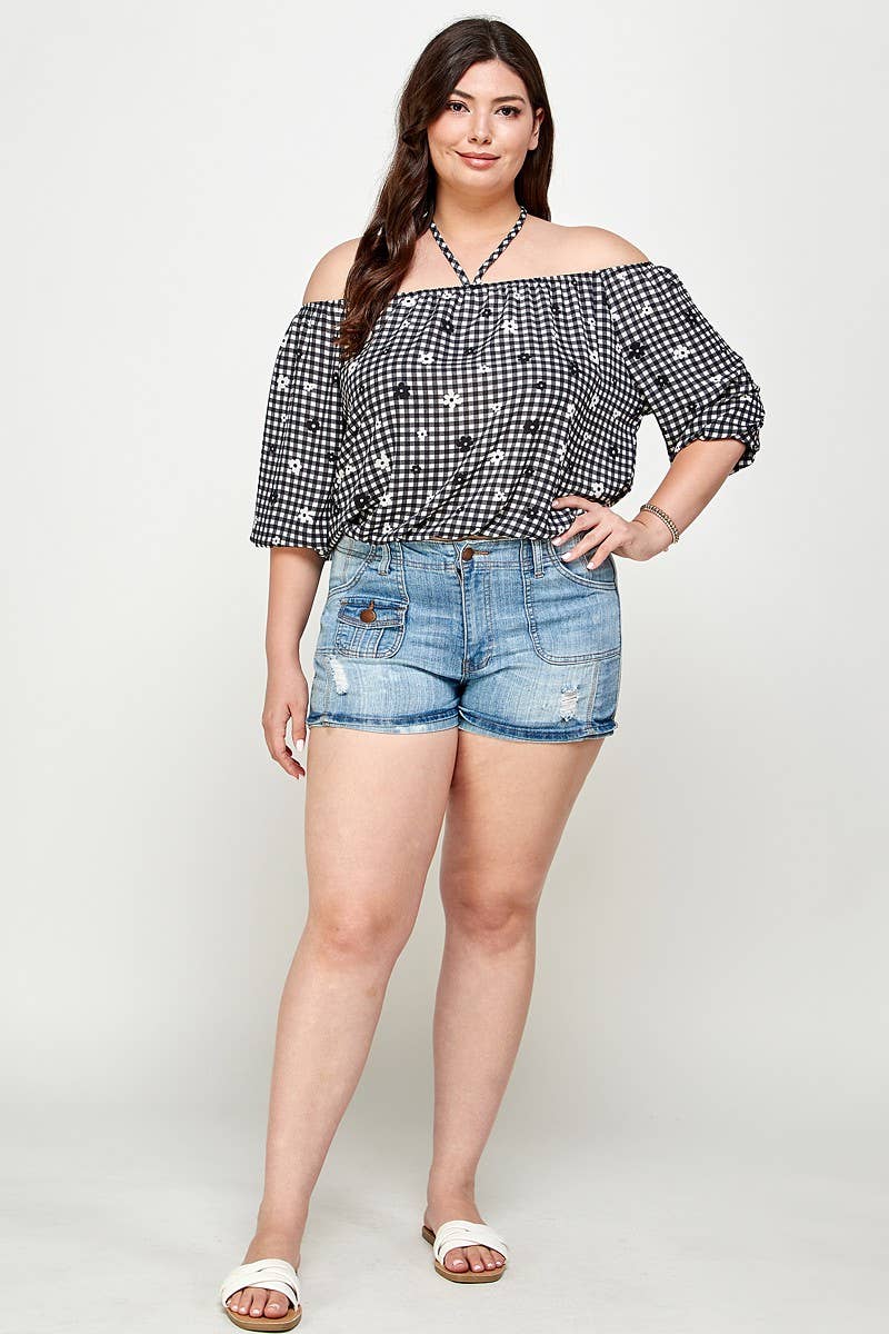 Plus Size Checker Off Shoulder Halter Top - WG17823-4T