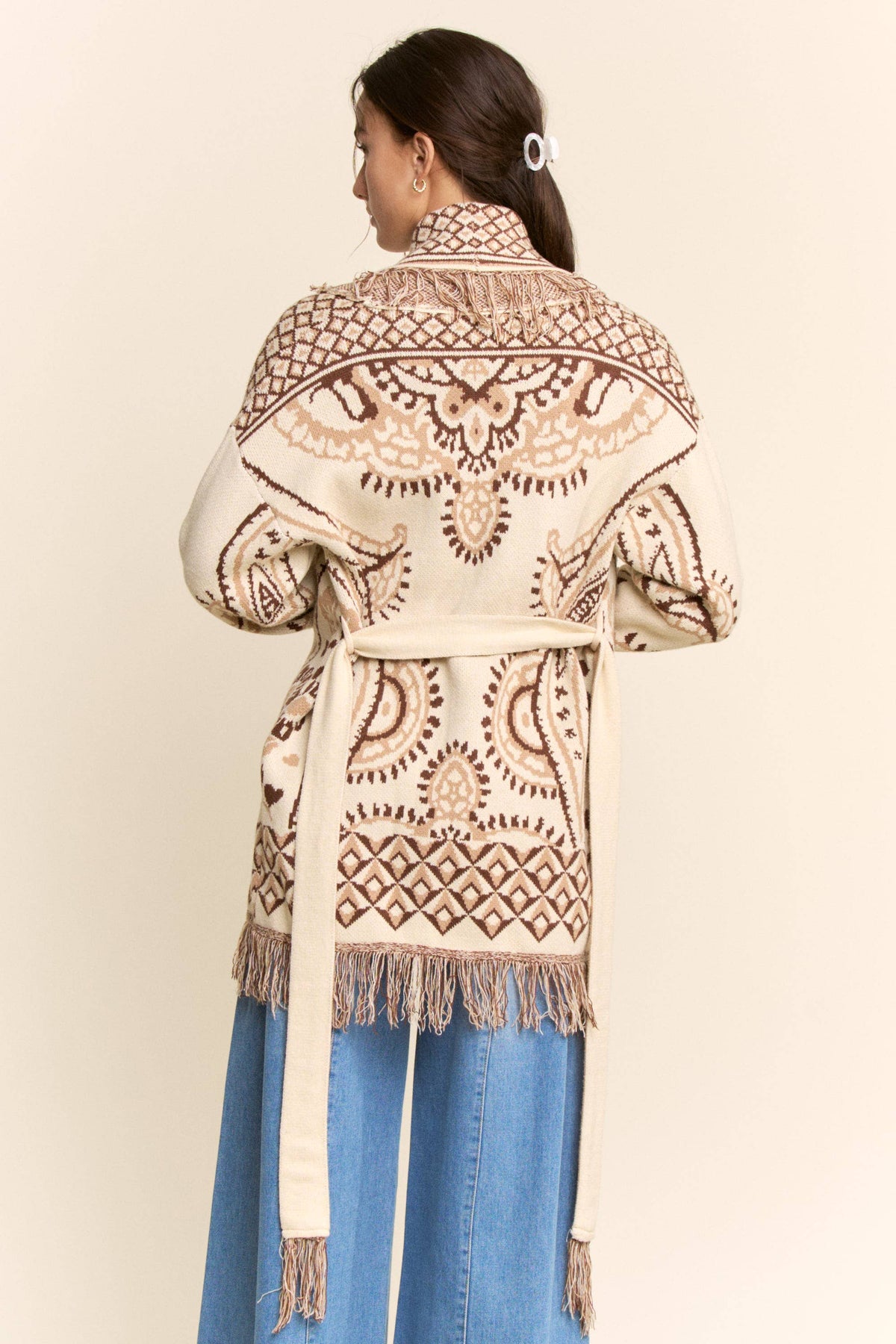 Plus - Fringe Trim Jacquard Belted Cardigan