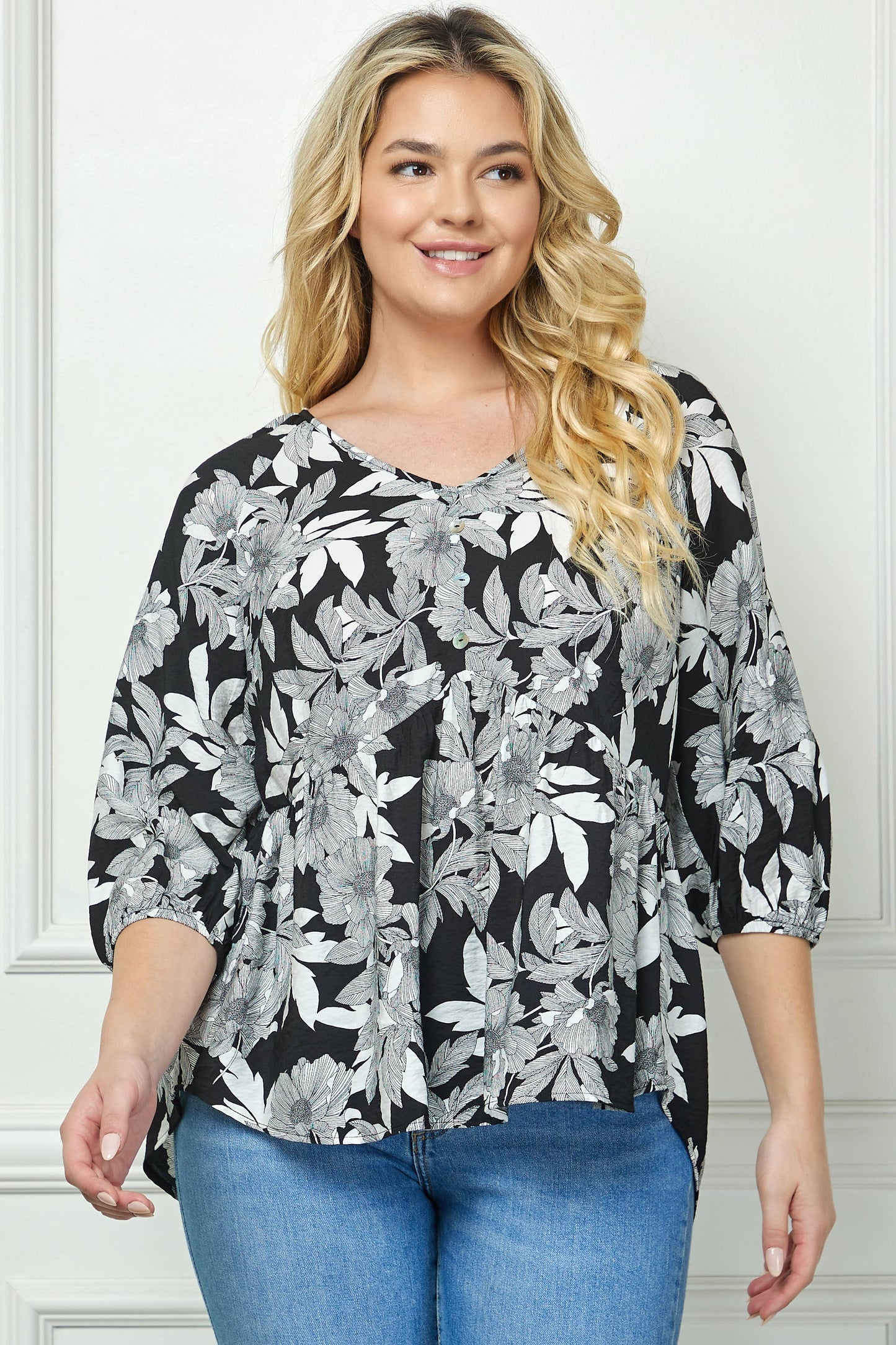 PLUS SIZE BLOOMING SUNSET FLORAL BABYDOLL TOP
