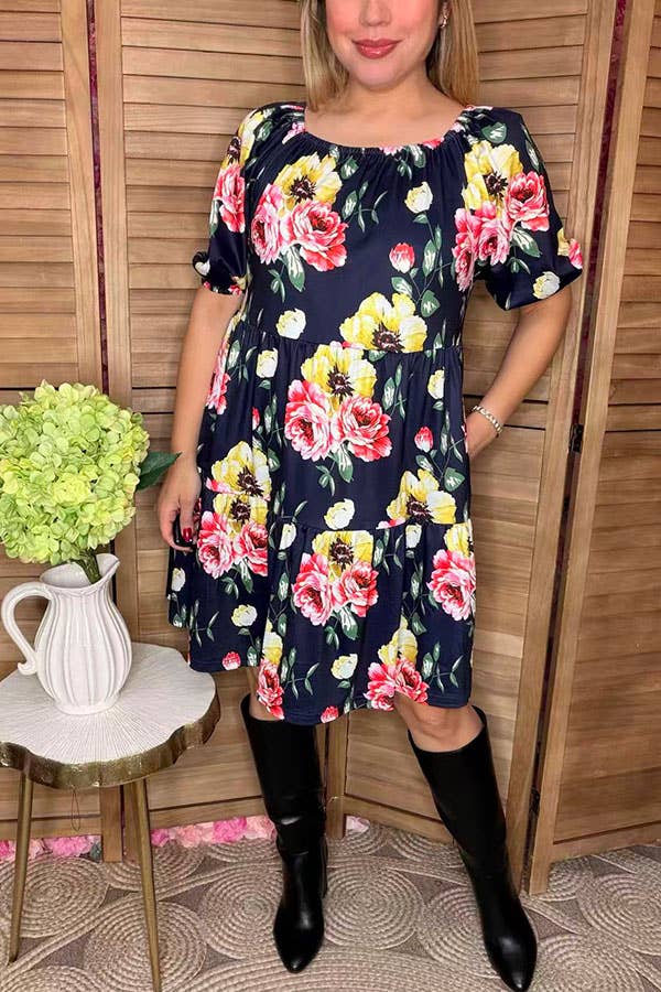 Floral print off shoulder short sleeve women dress GJQ15155