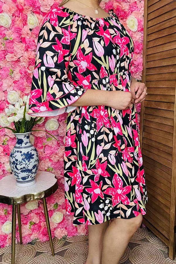 Floral printed off shoulder 3/4 sleeves dress GJQ16187