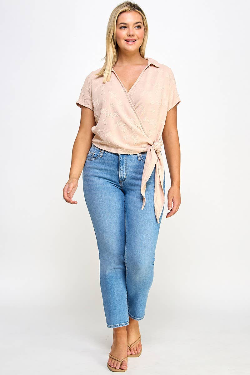 Plus Size Collar Wrap Side Tie Top - NK18396-T