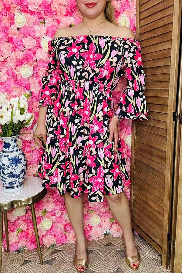 Floral printed off shoulder 3/4 sleeves dress GJQ16187