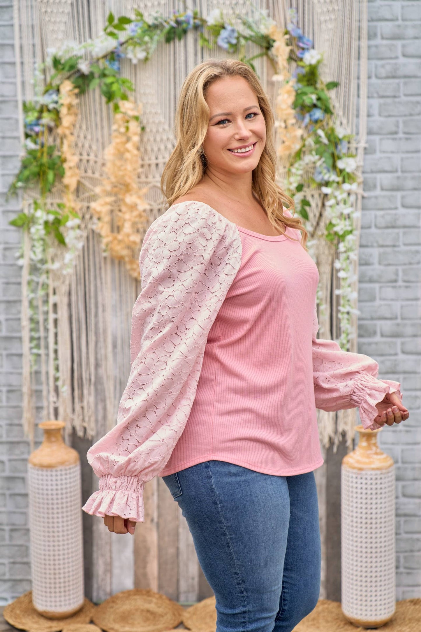 Plus curly rib-knit body with laced long-sleeve top-PLT6239B