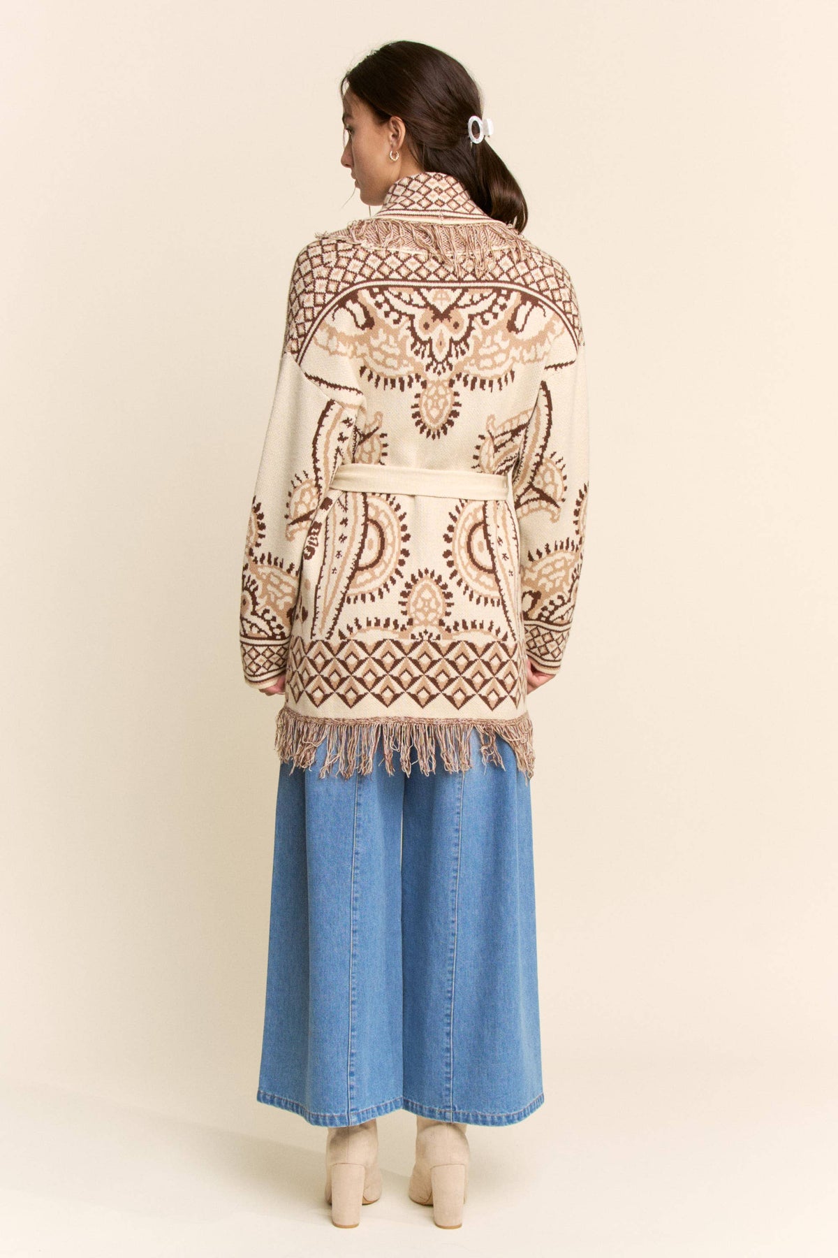 Plus - Fringe Trim Jacquard Belted Cardigan