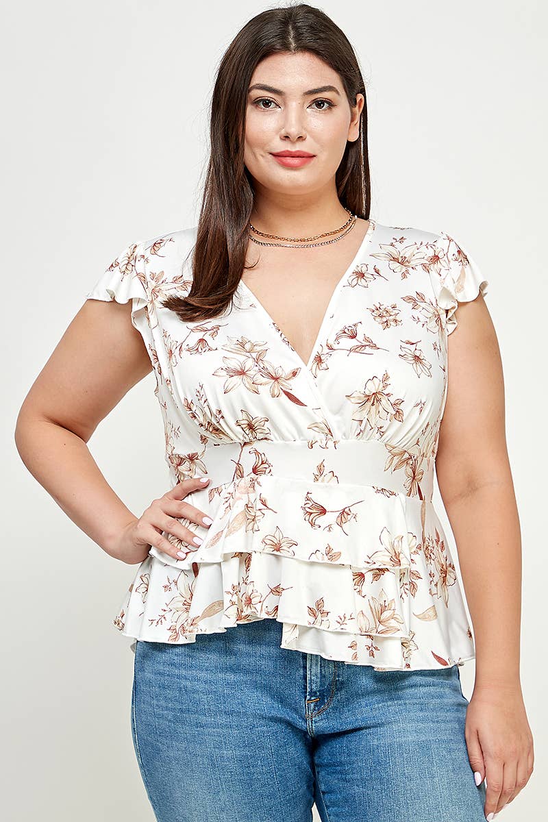 Plus Size Floral Ruffle Babydoll Top KY18037-T