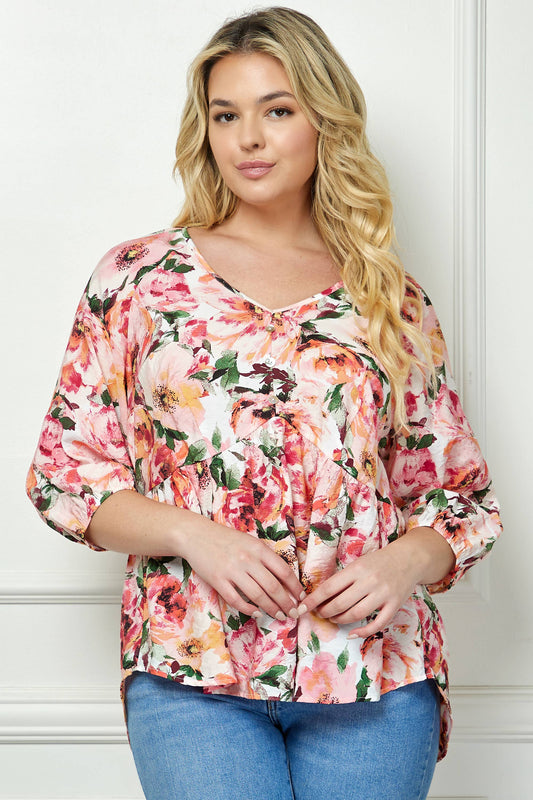 PLUS SIZE BLOOMING SUNSET FLORAL BABYDOLL TOP