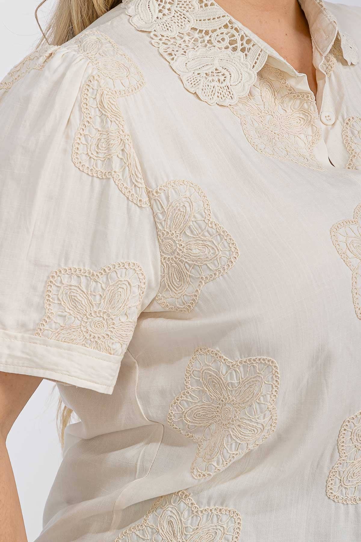 Plus Embroidered Button Down Blouse