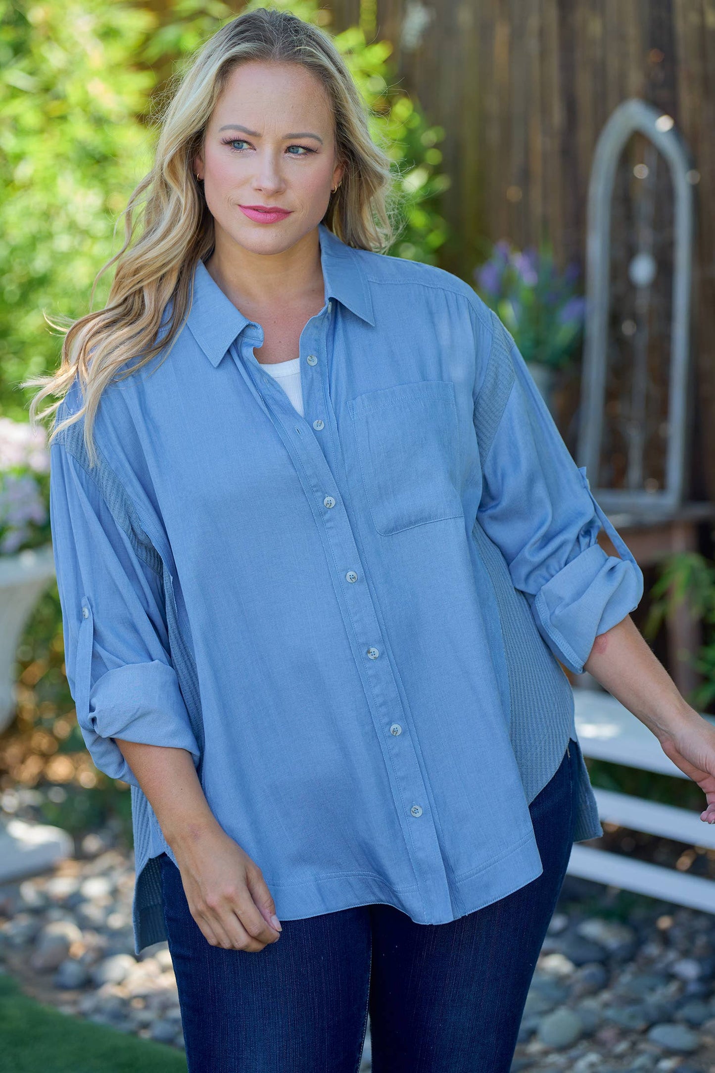 Plus Breezy Denim-Blue Button-Up-PIT6655