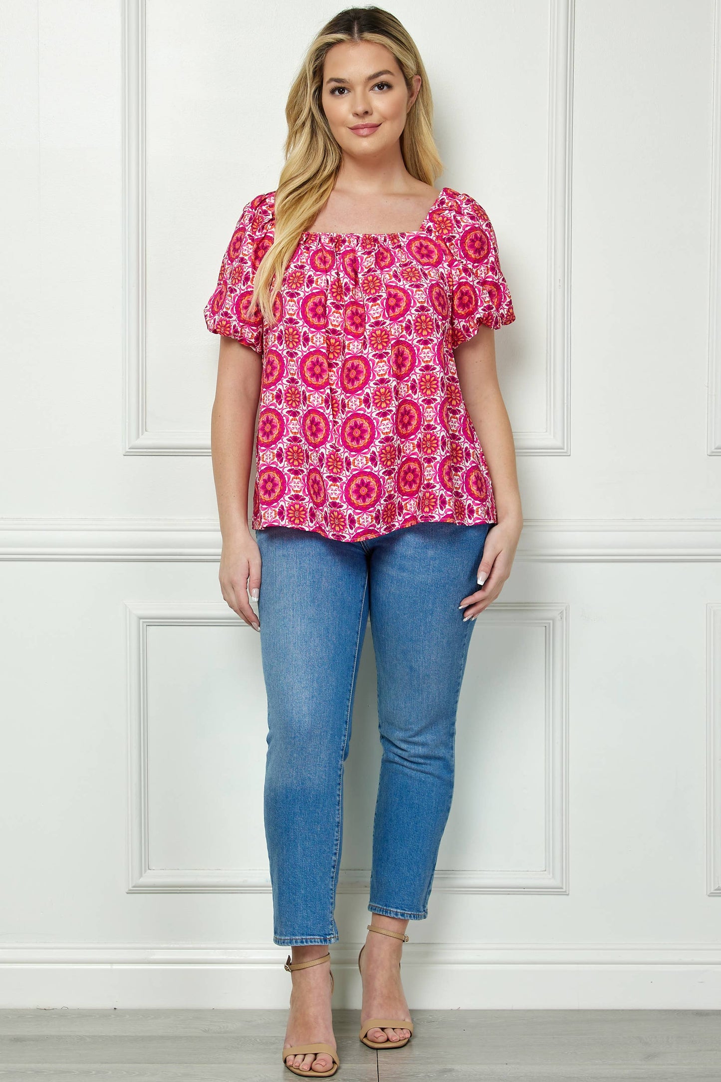 PLUS SIZE SHORT BUBBLE SLEEVE TRAPEZE BLOUSE G230550A49X
