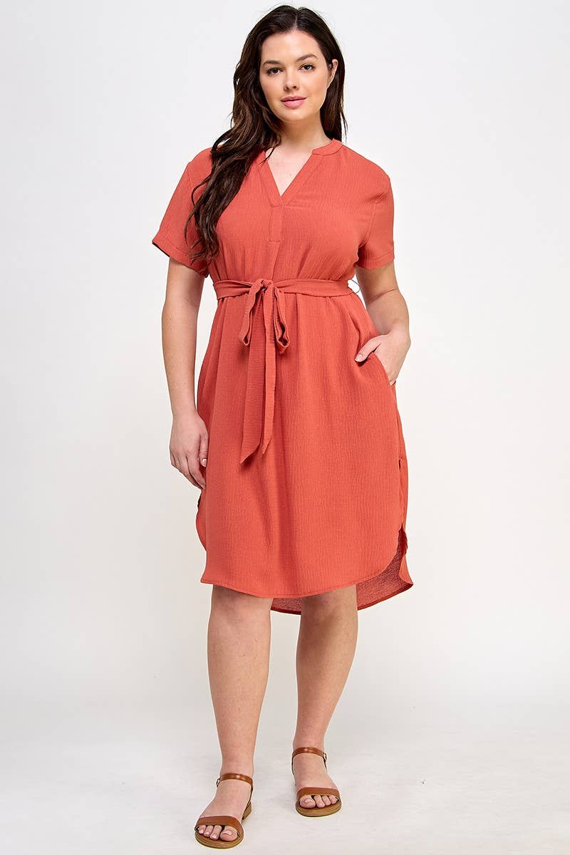 Plus Size Midi V-Neck Waist Tie Dress SS2352P-D
