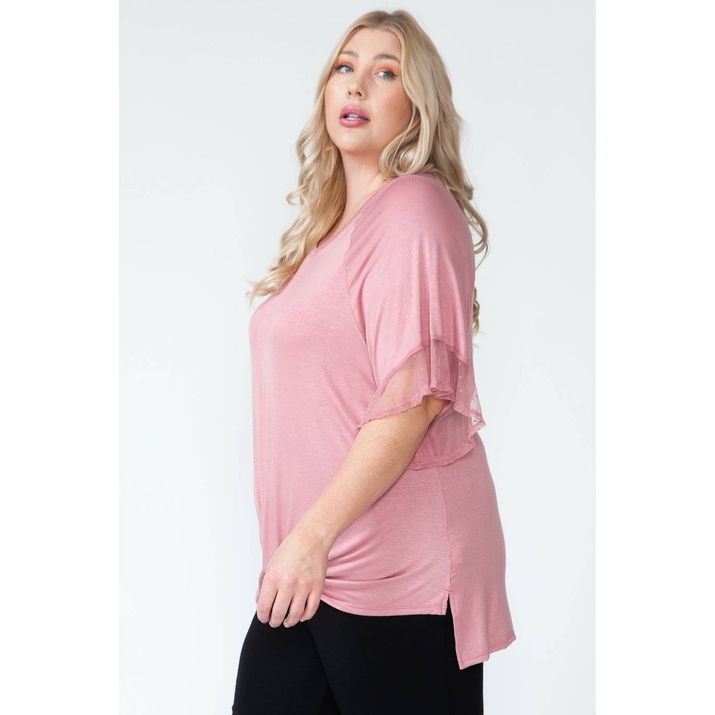 Plus Size V-Neck Dot Mesh Ruffled Sleeve Blouse
