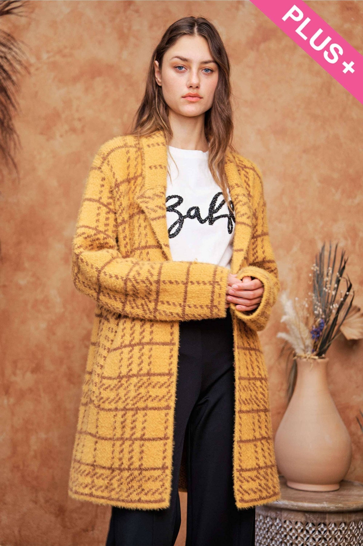 Plus - Plaid Knit Lapel Collar Button Front Long Coat
