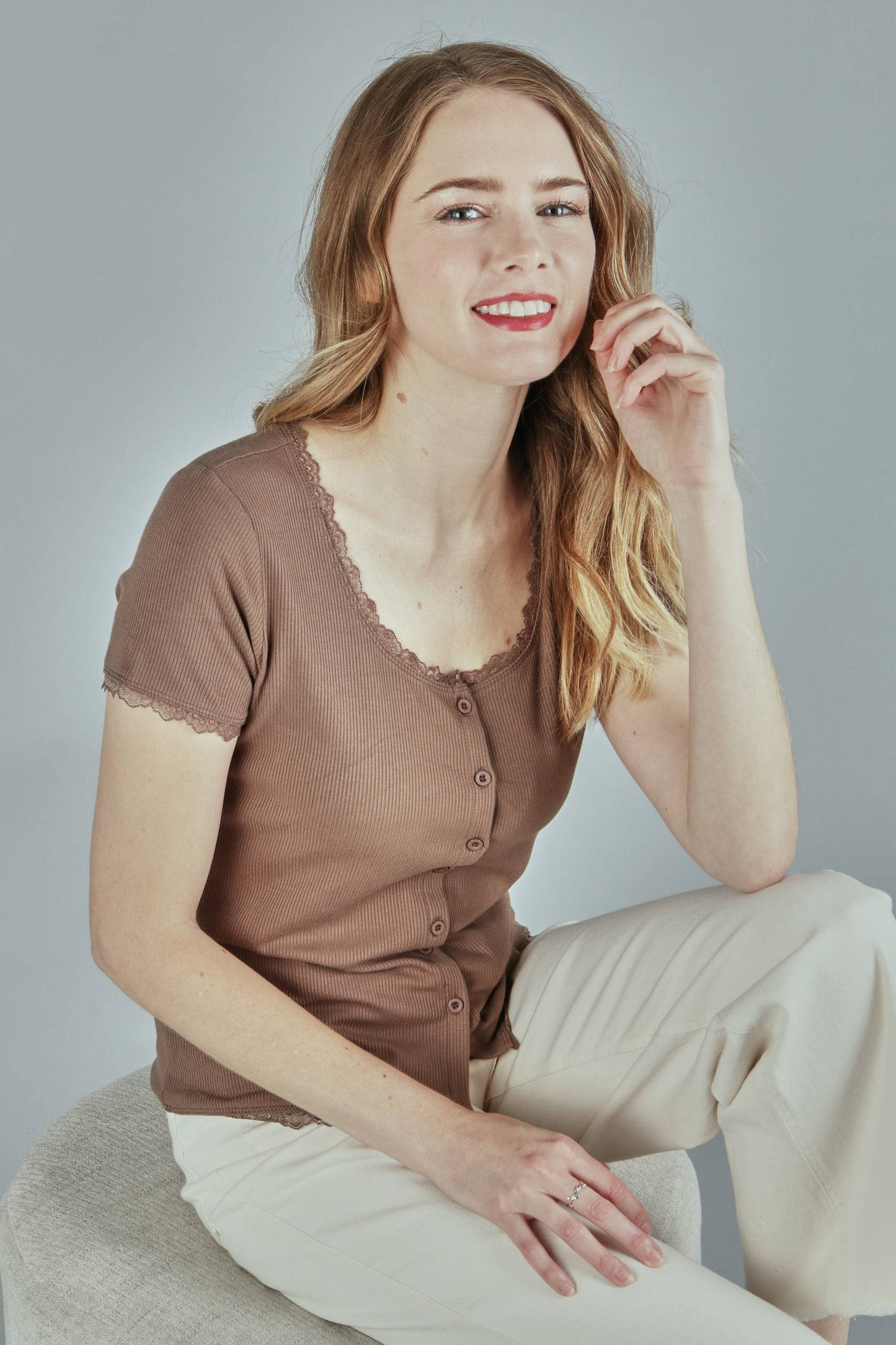 Solid rib button top with dtm edge lace- plus (P17893-PLUS)