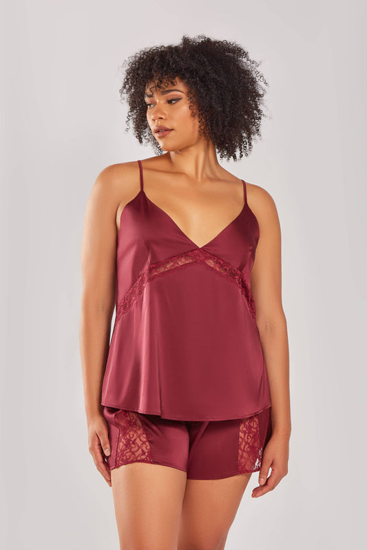 Layla Plus Size Stretch Satin Lace Cut Out Cami-Short Set