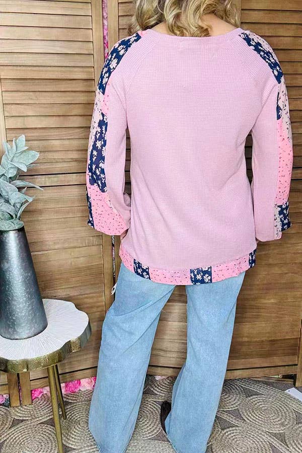 Pink Waffle chiffon floral long sleeve women blouse GJQ15675