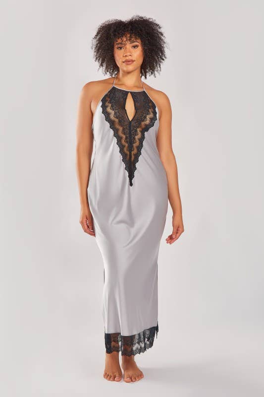 Tess Plus Size Long Stretch Satin Gown with Lace