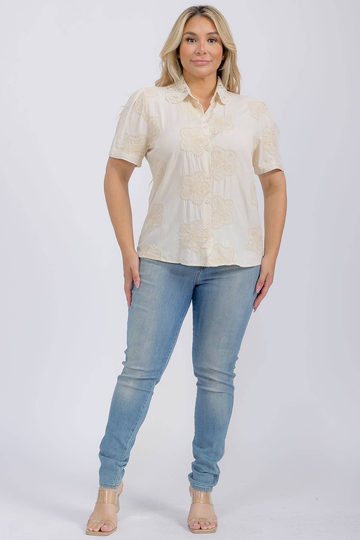 Plus Embroidered Button Down Blouse