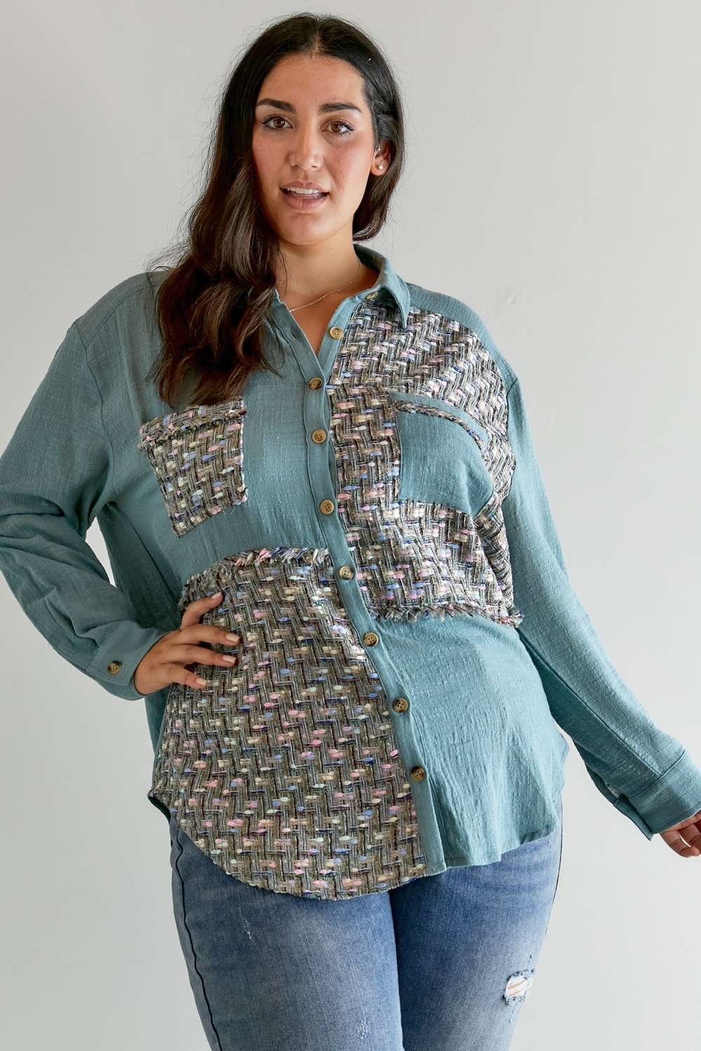 PLUS MULIT PRINTED CHEST POCKET BUTTON DOWN SHIRT