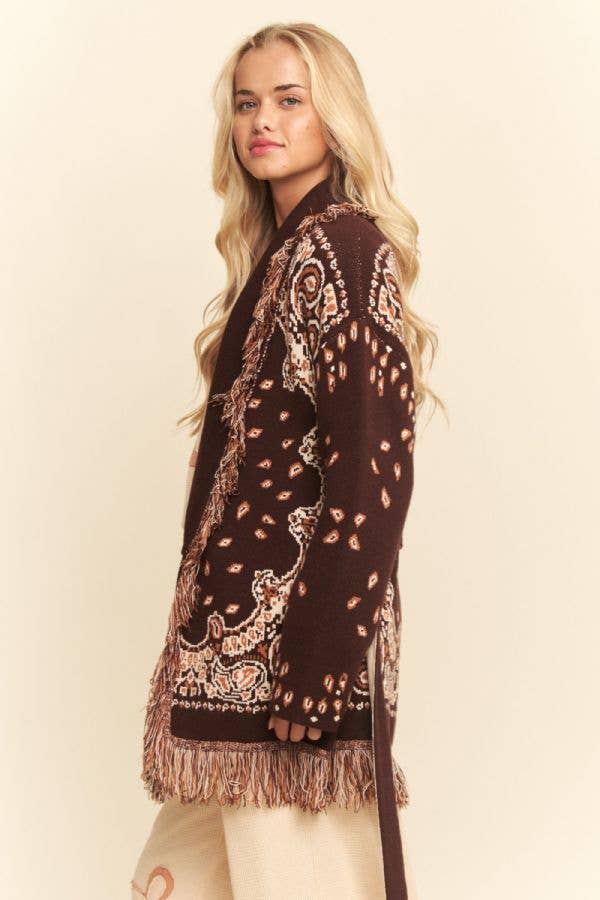 Plus - Fringe Trim Jacquard Belted Cardigan