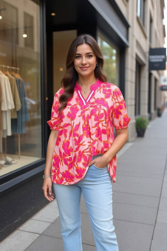 Pink floral puff sleeve baby doll women blouse GJQ16188