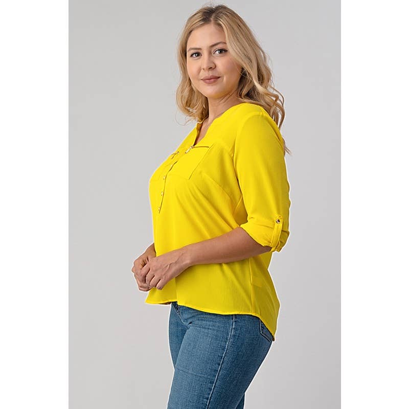 PLUS SIZE ZIPPER TRIM ROLL UP SLEEVE HENLEY TOP