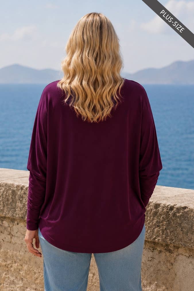 PLUS SIZE Drop Shoulder Round Hem Long Sleeve Top