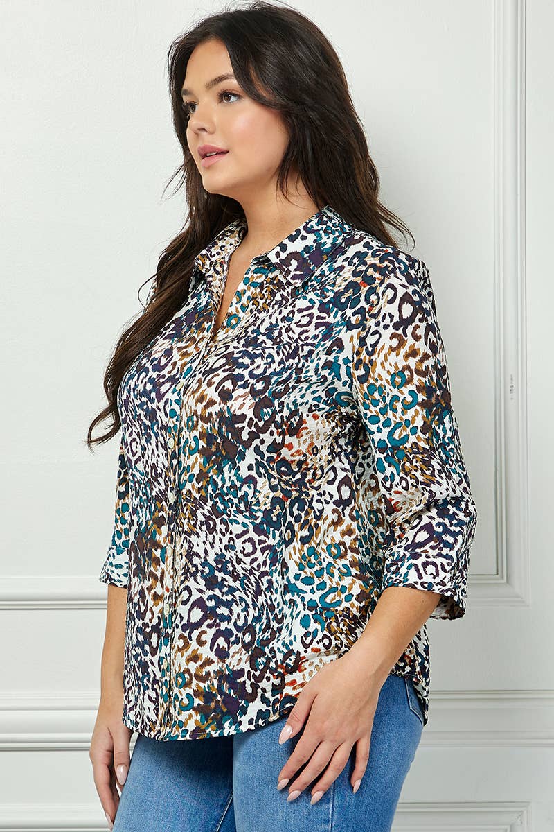 PLUS SIZE JOHNNY COLLAR BUTTON FRONT SHIRT