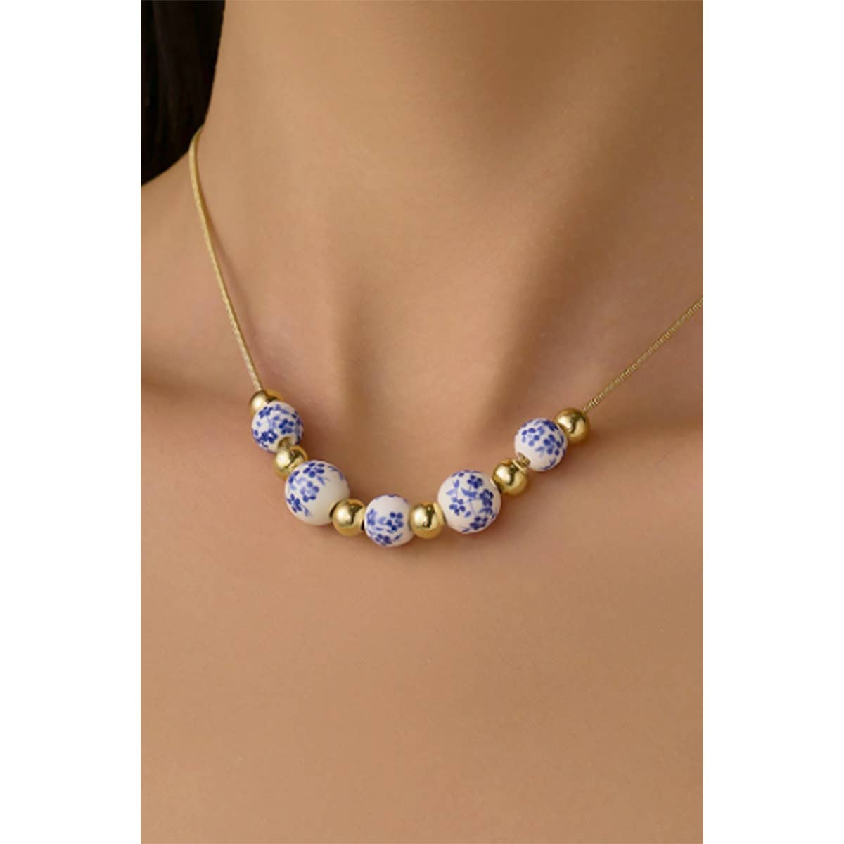 FLORAL PORCELAIN BEADED STAINLESS CHAIN NECKLACE