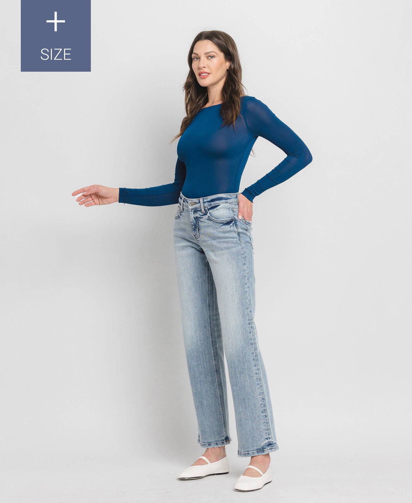 PLUS SIZE TUMMY CONTROL MID RISE SLIM WIDE JEANS LV1358-P