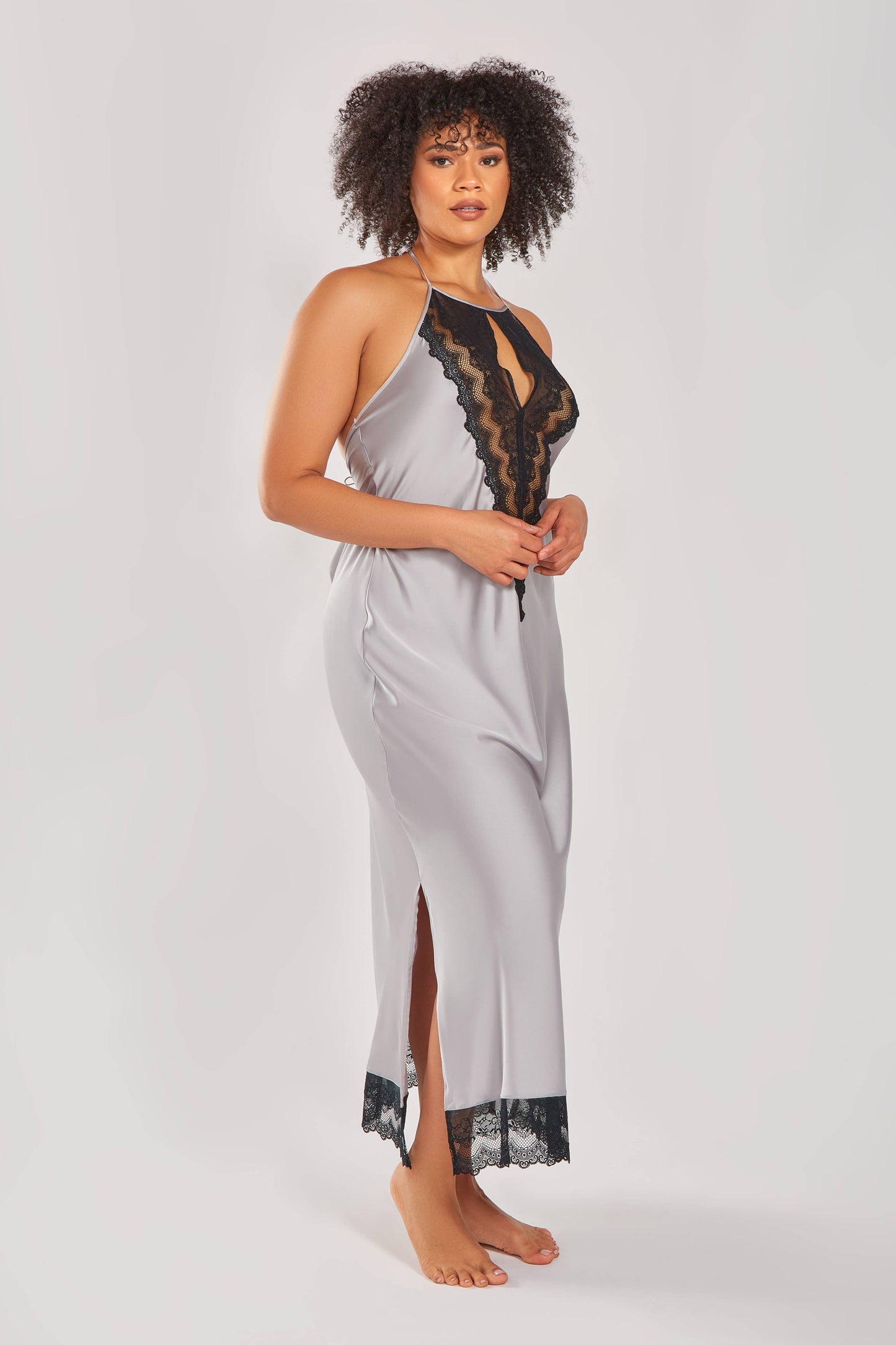 Tess Satin Long Robe with Sparkle Lace