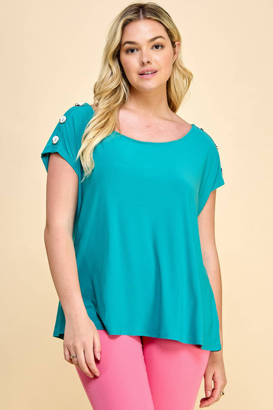 PLUS SIZE SHORSLEEVE TOP WITH BUTTONS SHOULDERS