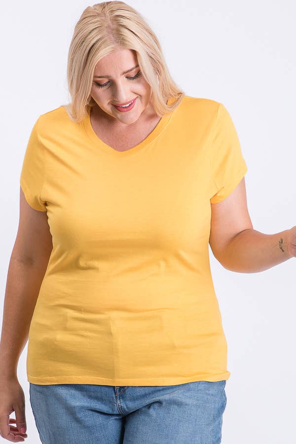 Plus Size V-Neck Basic Short Sleeve Solid Tee Cotton Top