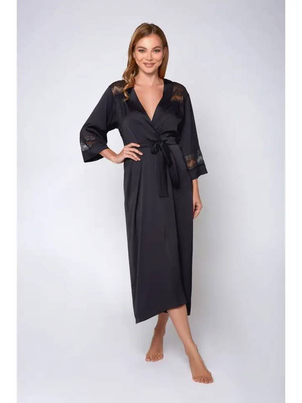Tess Satin Long Robe with Sparkle Lace