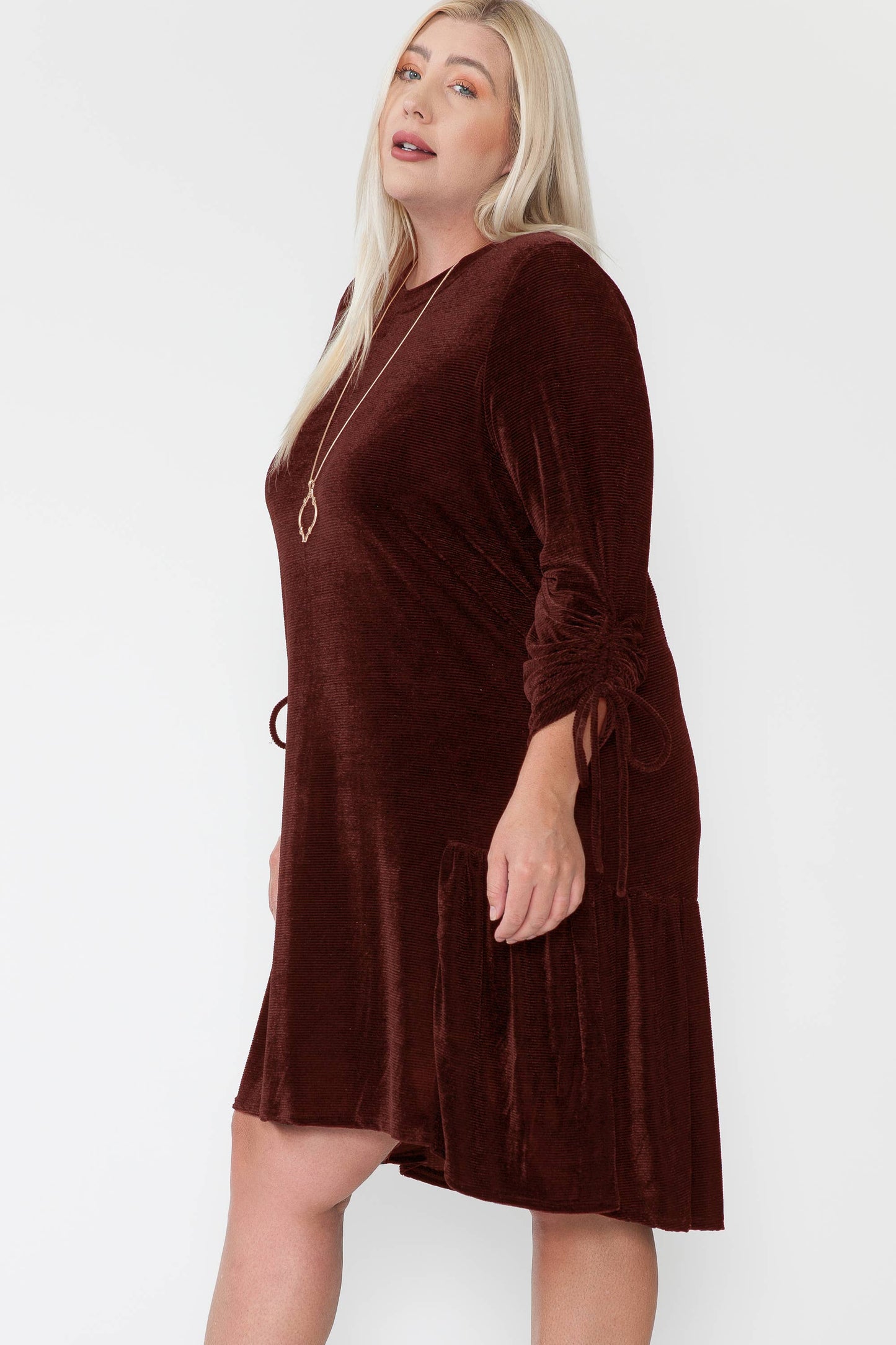 Plus Size Round Neck Sleeve Tied Velvet Knee Midi Dress