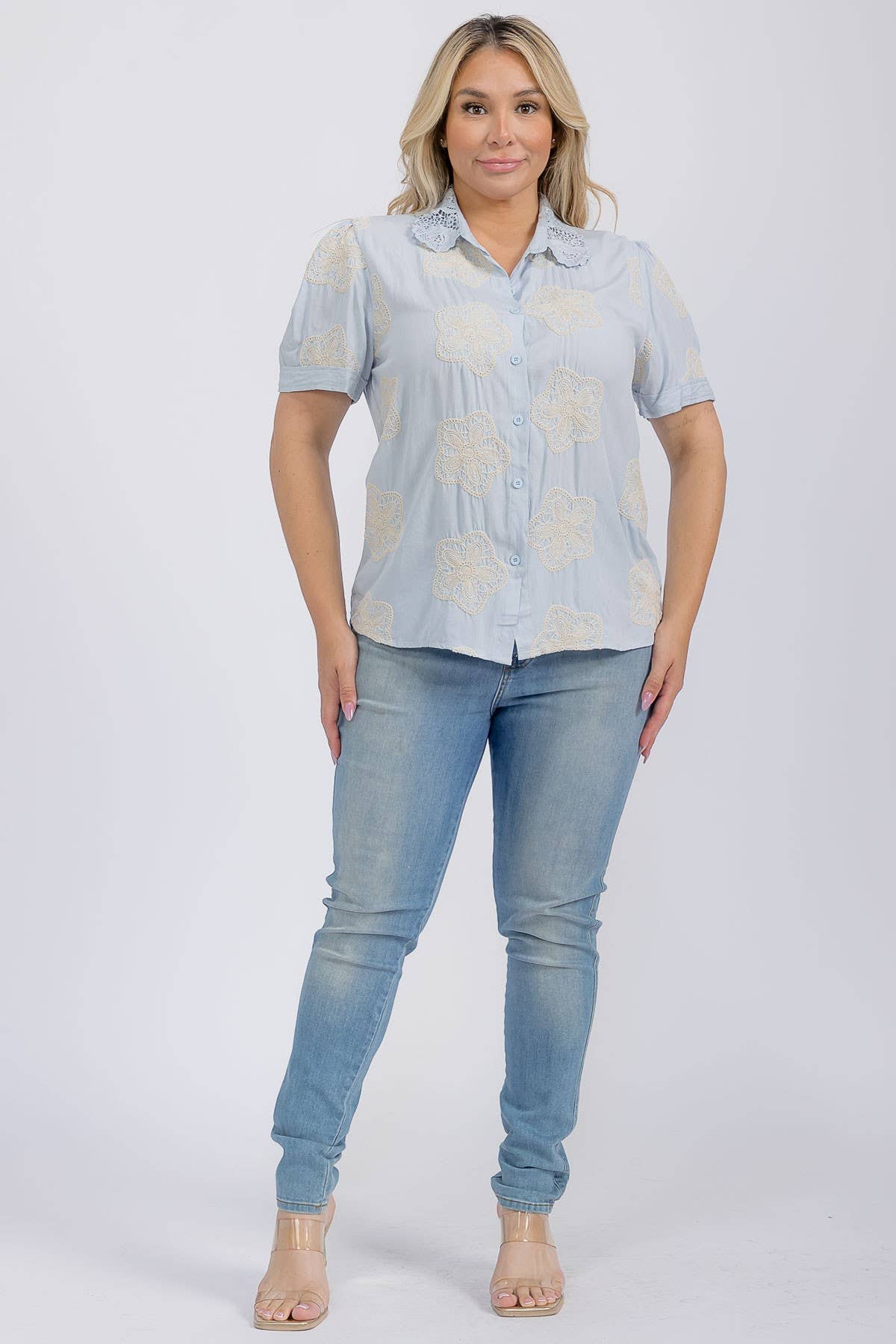 Plus Embroidered Button Down Blouse