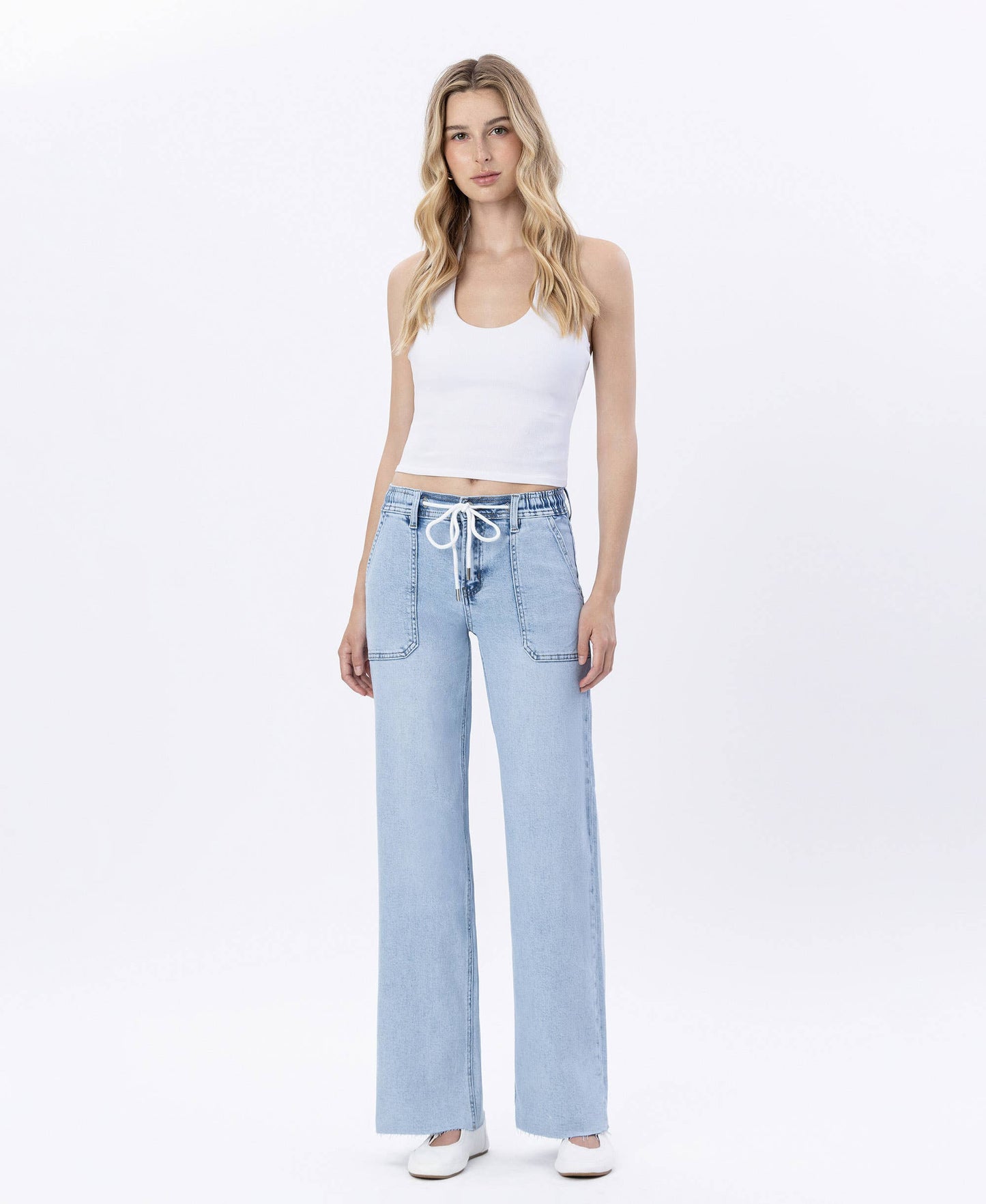 HIGH RISE DRAWSTRING WAISTBAND WIDE LEG JEANS LV1902
