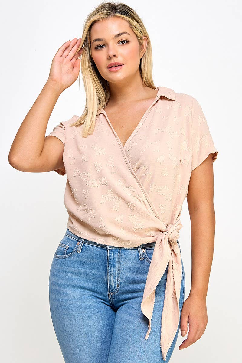 Plus Size Collar Wrap Side Tie Top - NK18396-T