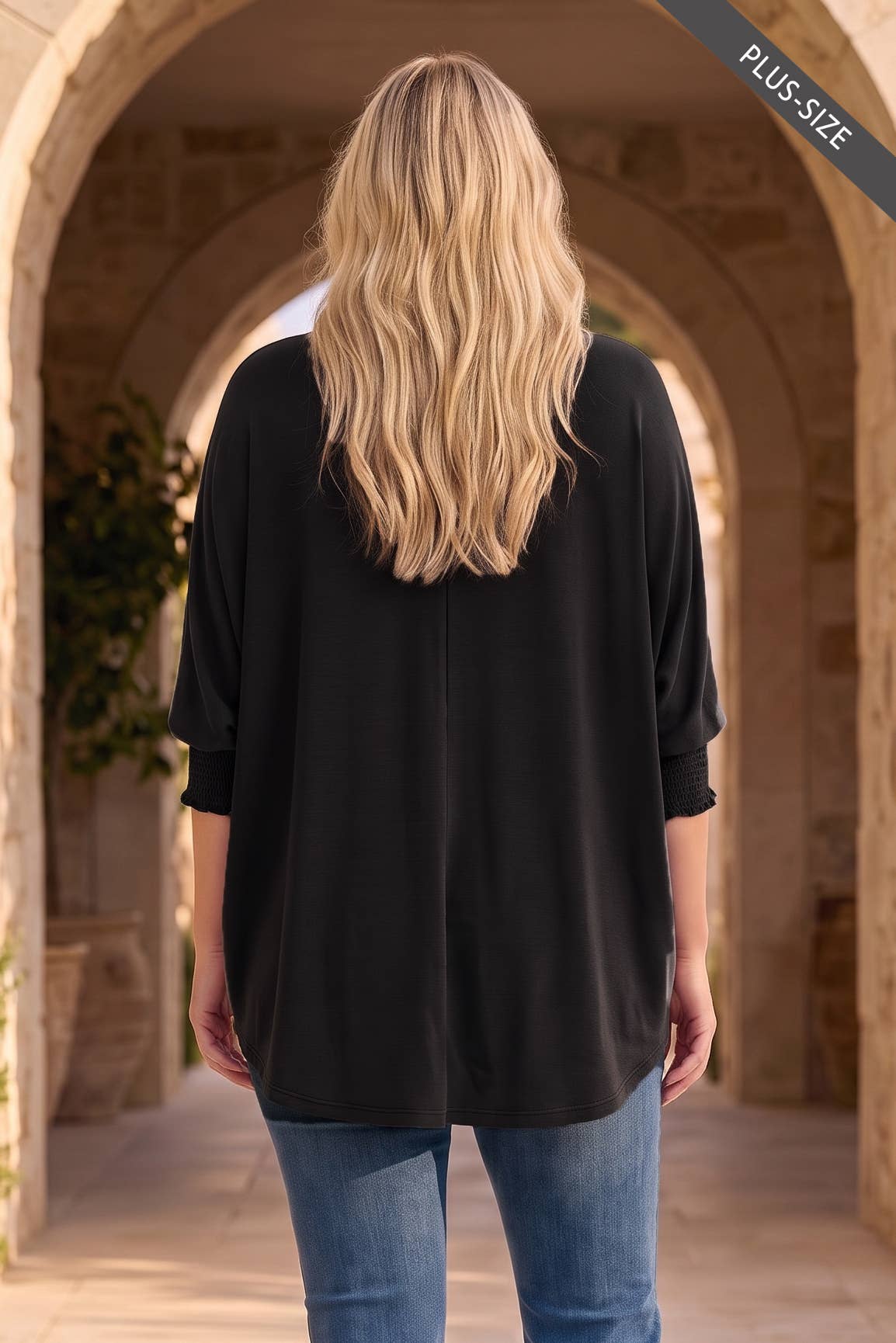 PLUS SIZE Oversized Smocked 3/4 Sleeve Poncho Blouse