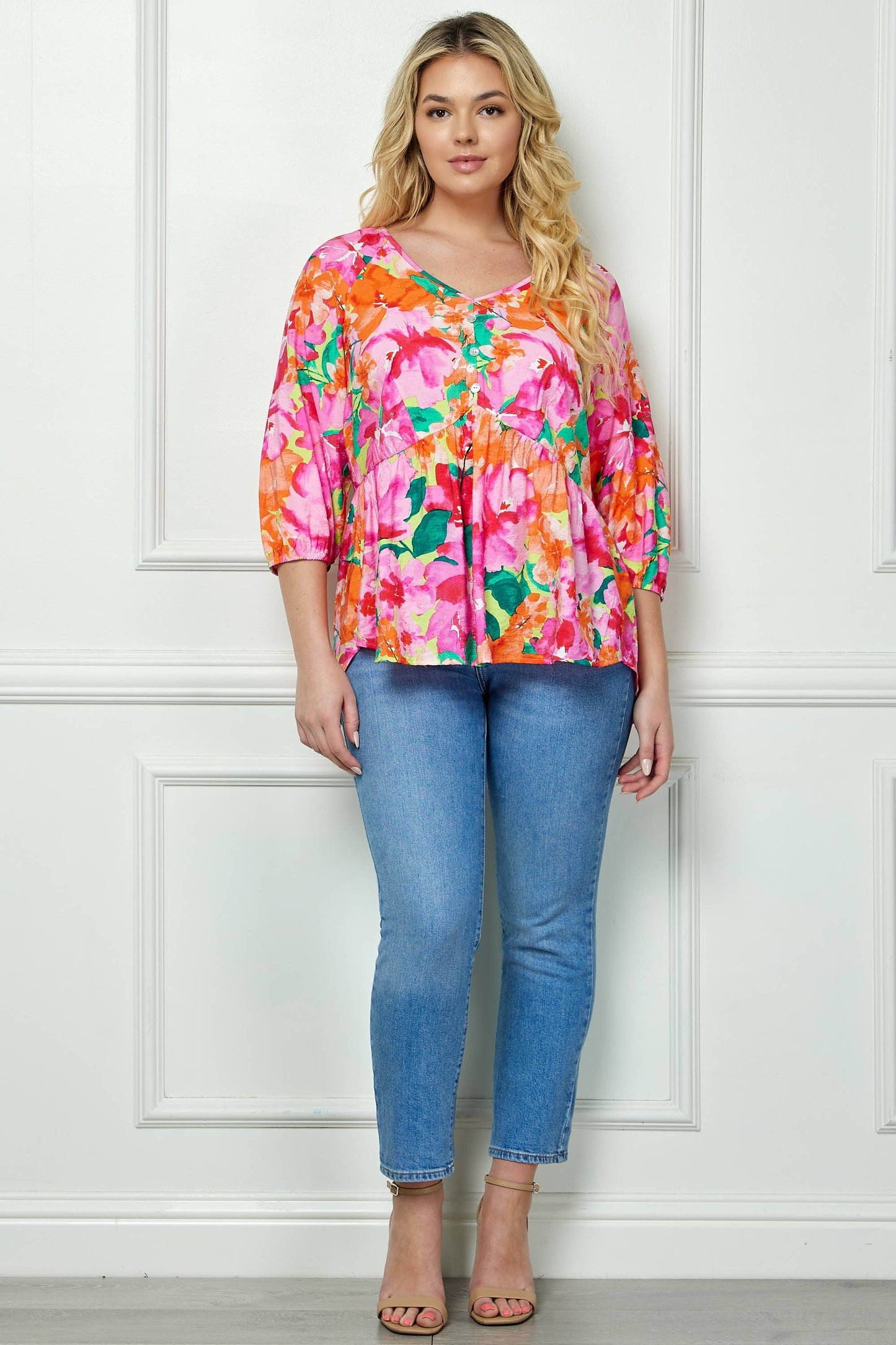 PLUS SIZE BLOOMING SUNSET FLORAL BABYDOLL TOP