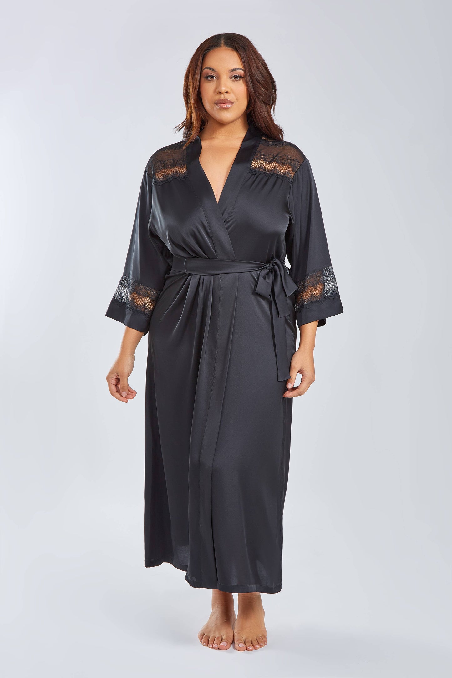 Tess Plus Size Stretch Satin Long Robe with Lace
