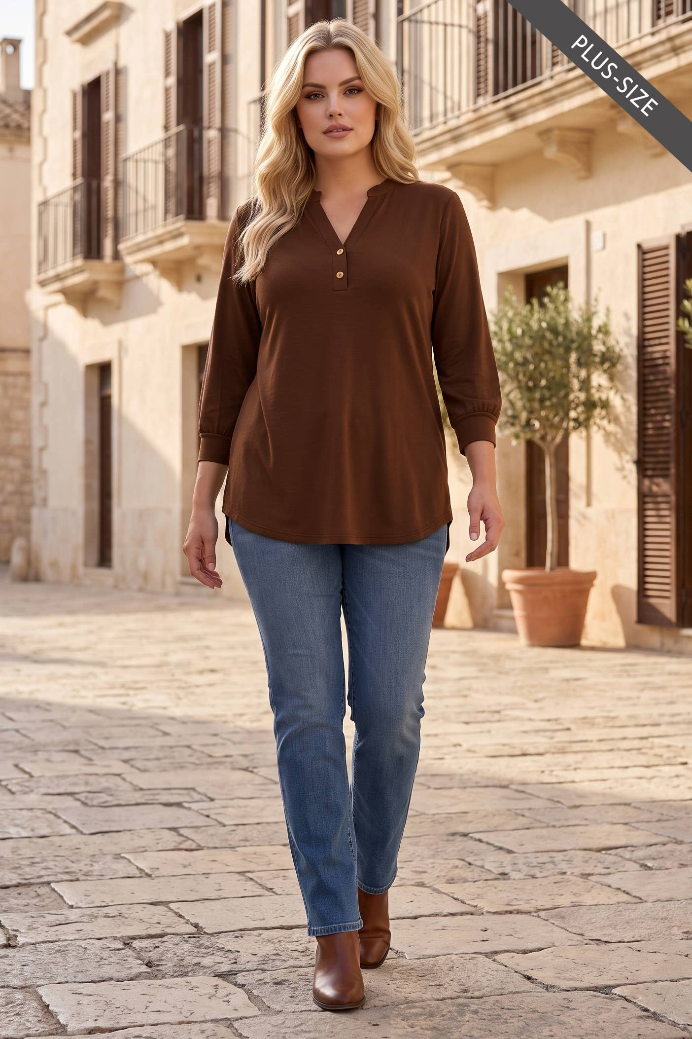 PLUS SIZE 3/4 Length Sleeve Button Down Blouse