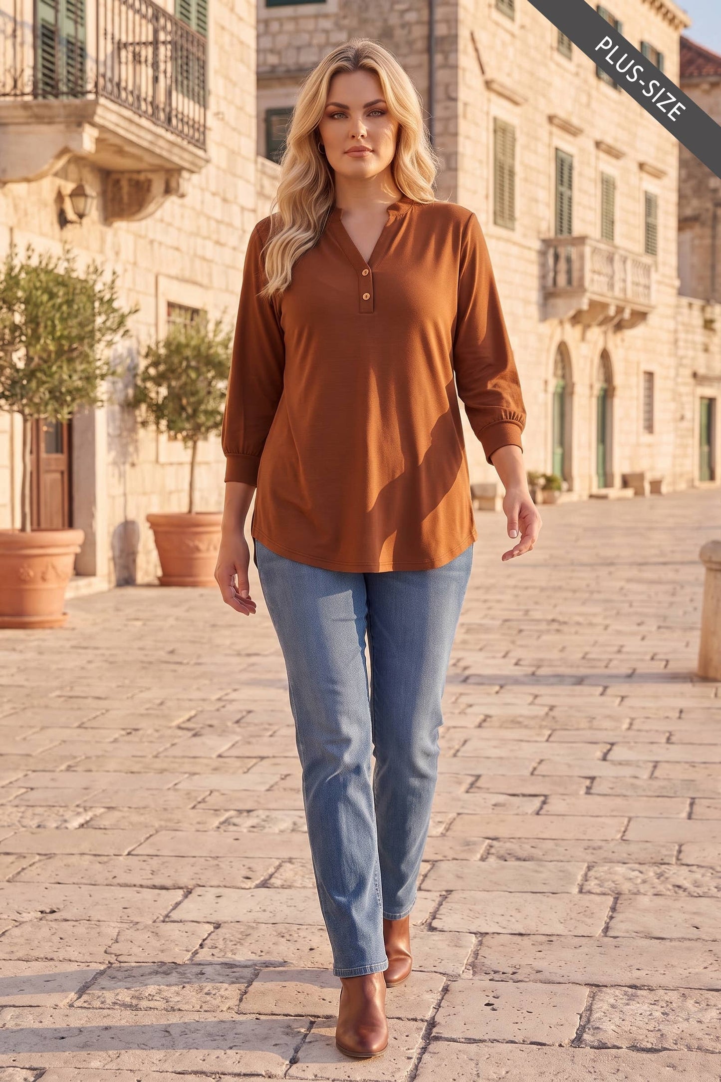 PLUS SIZE 3/4 Length Sleeve Button Down Blouse