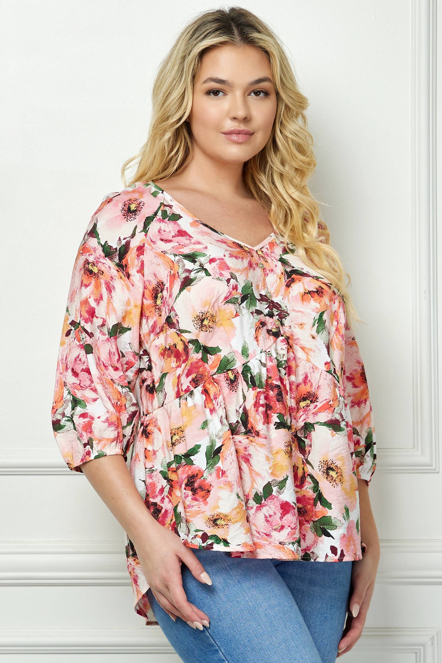 PLUS SIZE BLOOMING SUNSET FLORAL BABYDOLL TOP